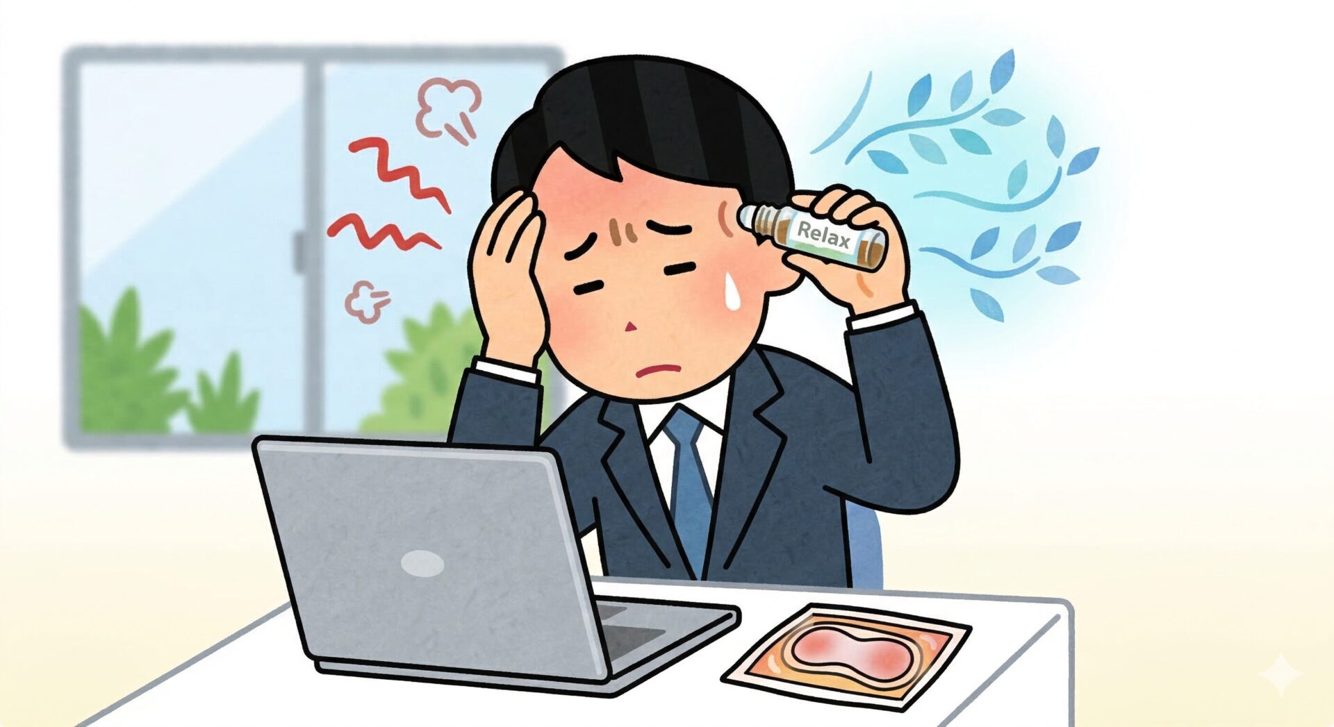 いらすとやタッチの、オフィスでデスクワーク中に頭痛（ストレス）に悩むサラリーマン。右側のこめかみにロールオンアロマを塗り、冷感エフェクトでリフレッシュしている。デスクにはパソコンとホットアイマスクが置かれている。