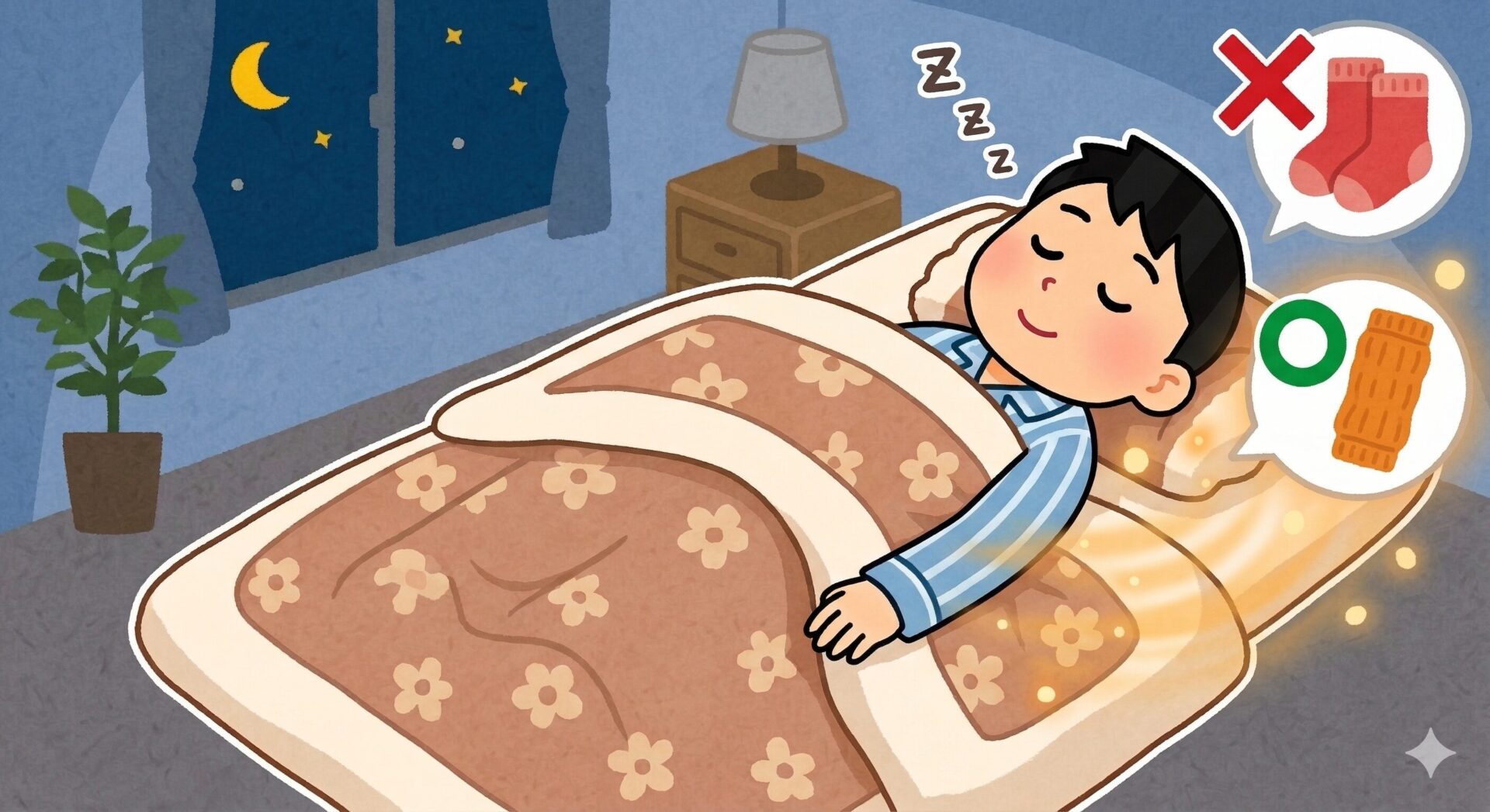 いらすとやタッチのイラスト。男の子が布団に全身を包まれて暖かく眠っている。枕元には『普通の靴下はNG（×）』『レッグウォーマーは正解（〇）』を示すアイコンが配置されており、レッグウォーマーのアイコンから布団の中の足元へ向かって、温かいエフェクトが注がれている。