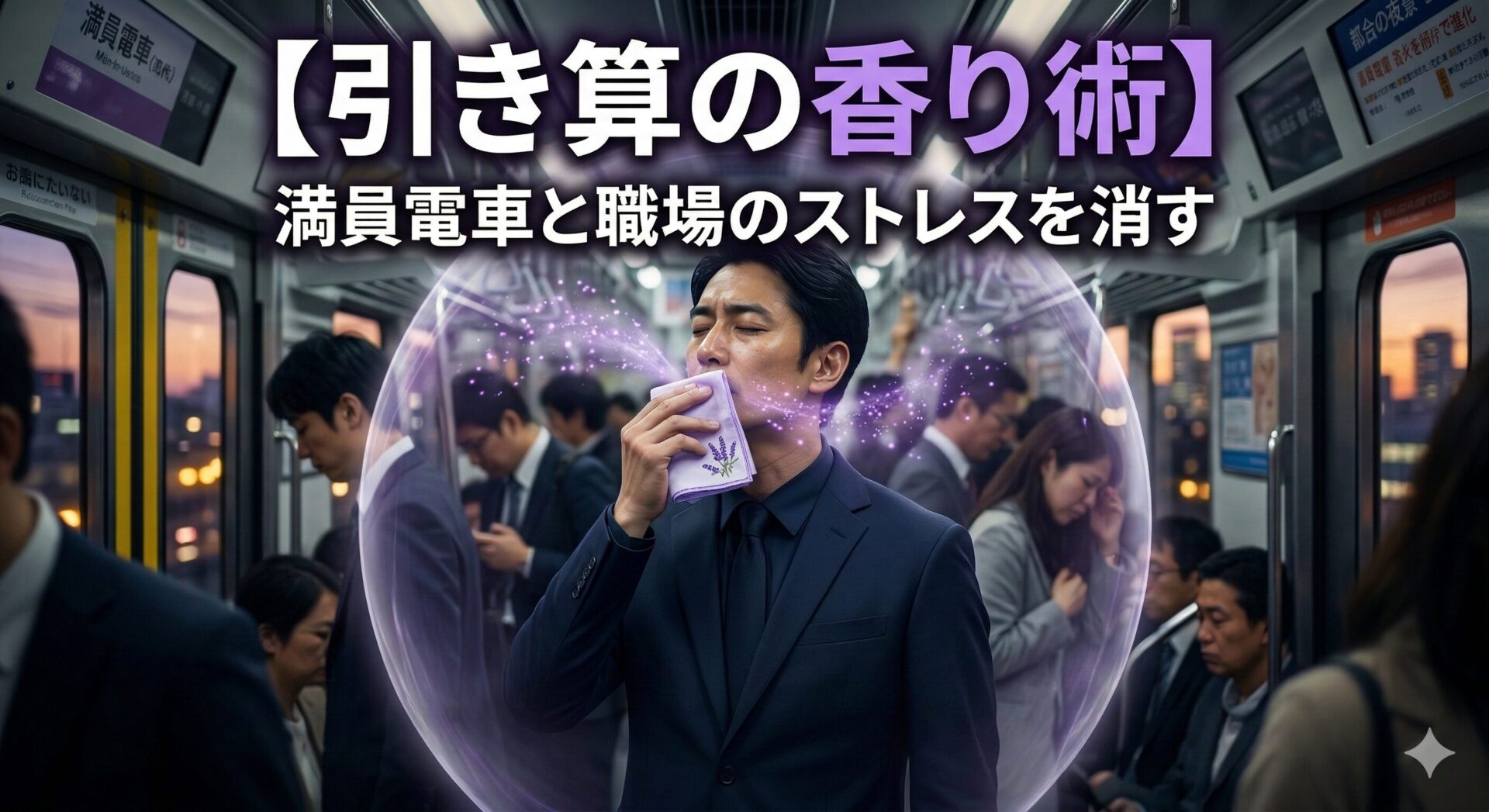 満員電車の中でハンカチのラベンダーの香りを嗅ぎ、見えないバリア（防衛ドーム）でストレスから身を守るビジネスパーソン。「【引き算の香り術】満員電車と職場のストレスを消す」の文字。