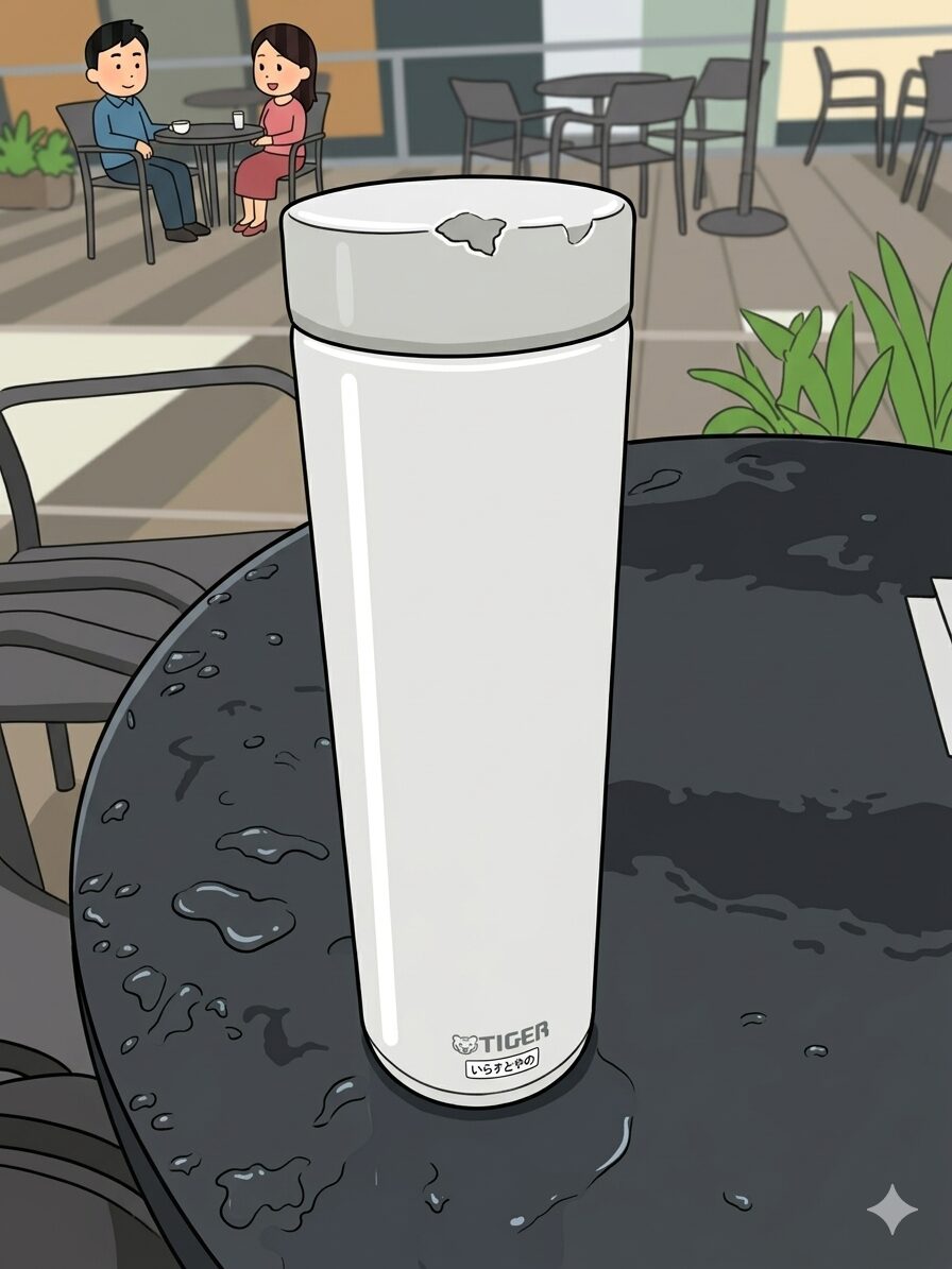 蓋に大きな凹みとキズがある、ホット麦茶用の白いタイガー魔法瓶。濡れたカフェテーブルの上に立ち、背景にカフェの風景。