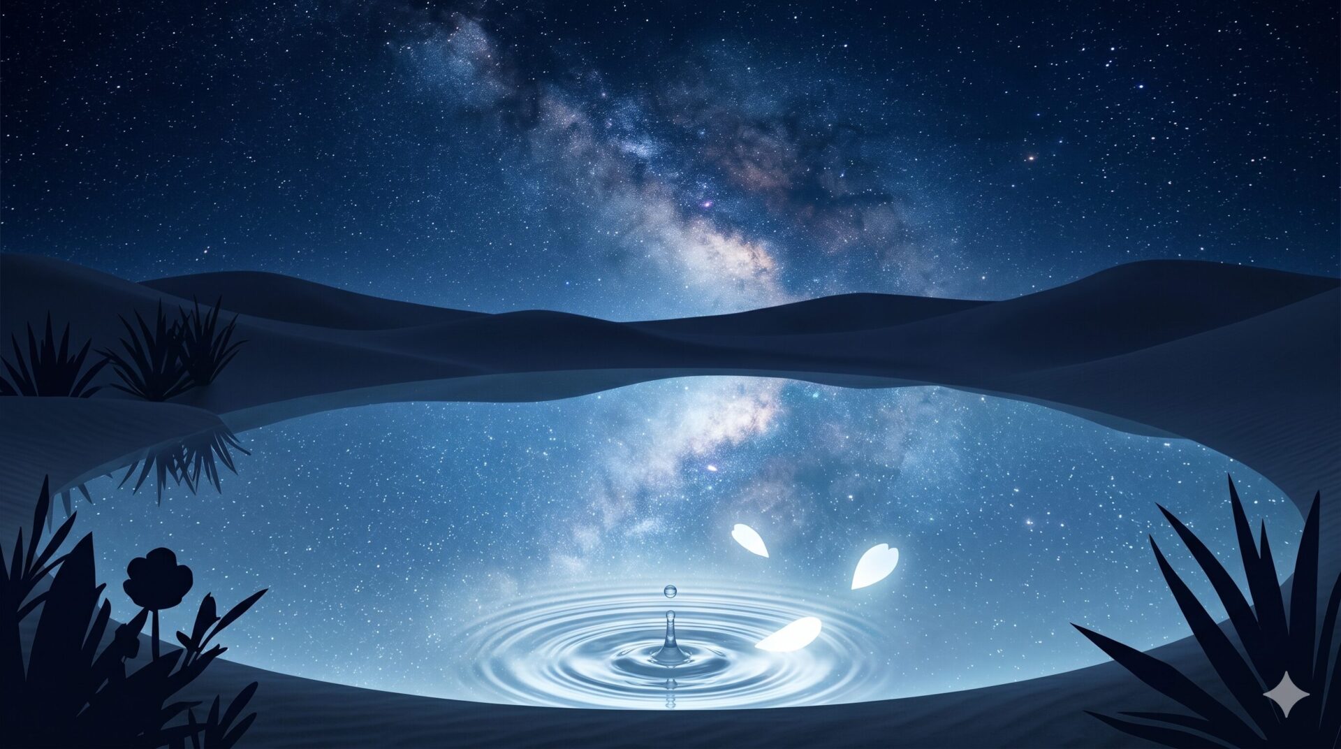 星空のオアシスで水面に広がる波紋と舞う梅の花びら。ニオイをリセットし、清風名月のような清潔感を取り戻すイメージ