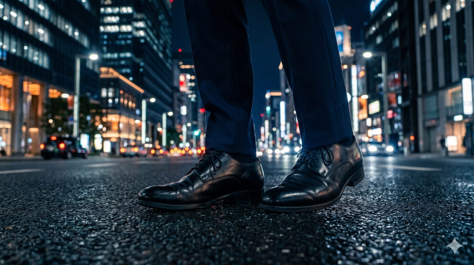都会の夜景とアスファルトに立つ、究極のインフラとしてのビジネスシューズ（リナシャンテ3023）