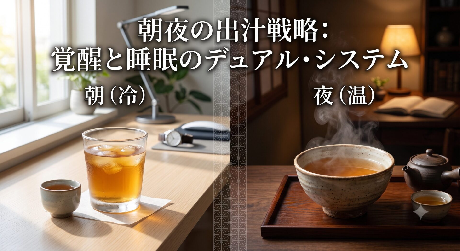 明るい朝のデスクに置かれた氷入りの冷たい出汁と、夜の落ち着いた書斎に置かれた湯気の立つ温かい出汁の対比画像。中央には「朝夜の出汁戦略：覚醒と睡眠を操る最強インフラ 朝（冷） 夜（温）」というテキストが配置されている。